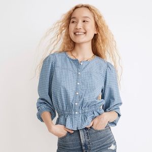 Madewell | Chambray Puff-Sleeve Peplum Top in Windowpane